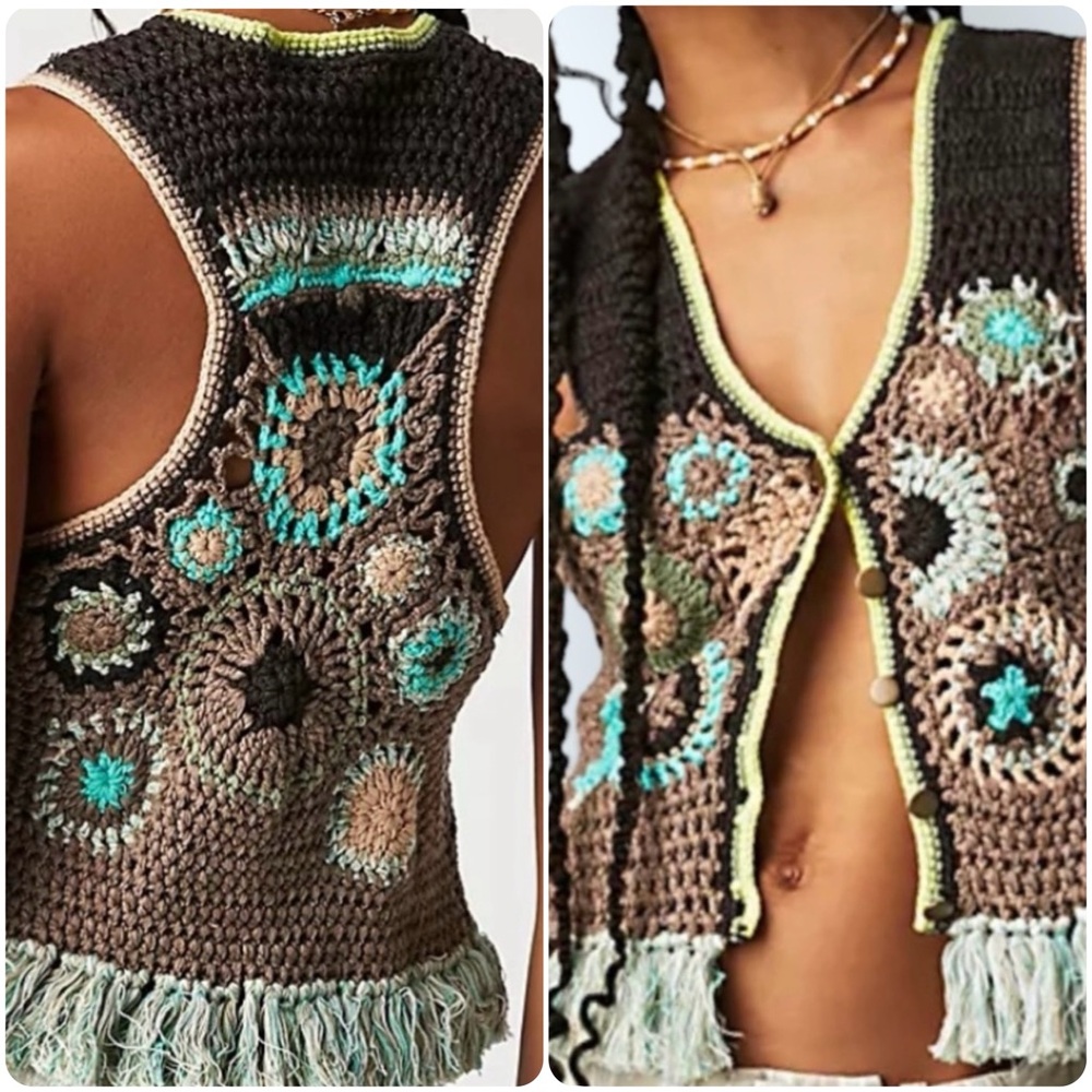 Free People Desert Rose Crochet XS Brown Handcrafted Button Fringe Boho Vest